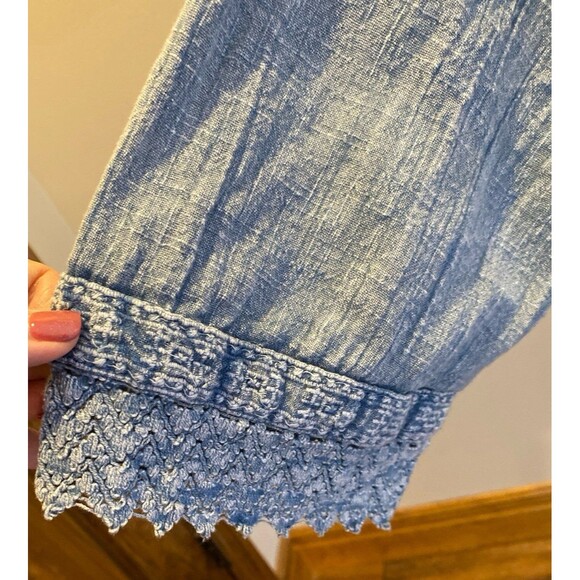 Rachel & Zoe Blouse Plus Size 1X Boho Pleasant Top Chambray Lace V Neck Flowy - Picture 6 of 10